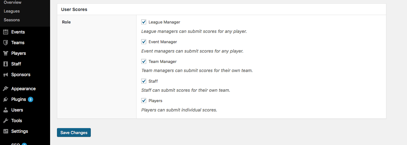 The User Scores section
